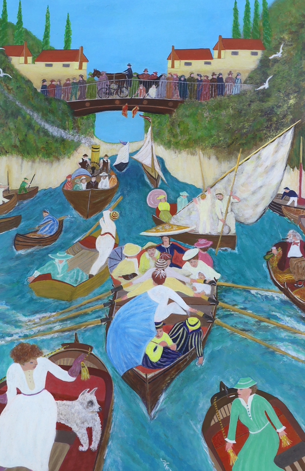 Sheridan, modern British, oil on board, Boating scene beneath a bridge, signed, 70 x 47cm